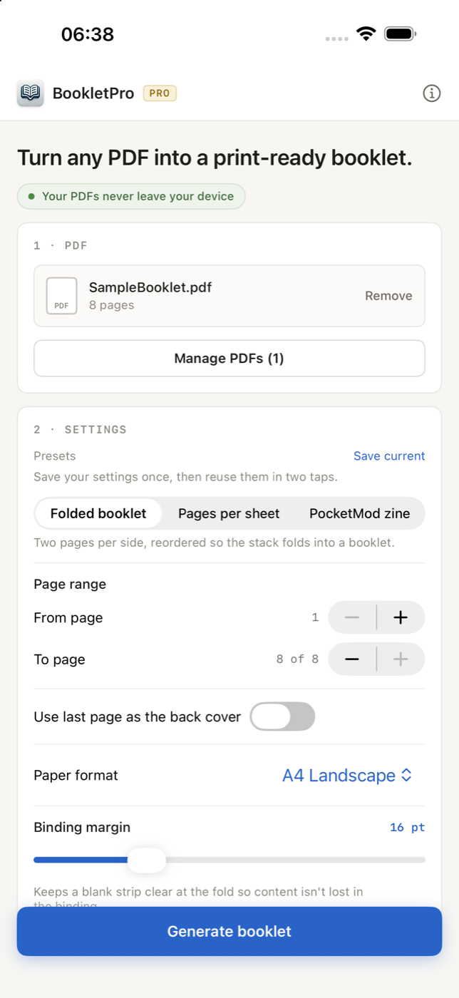BookletPro on iPhone: a PDF imported, the output mode set to folded booklet, with page range, paper format and binding margin below it