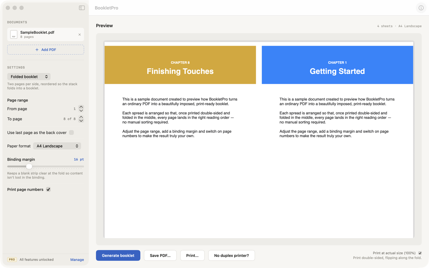 BookletPro on Mac: the document and settings sidebar beside a preview of the imposed spread